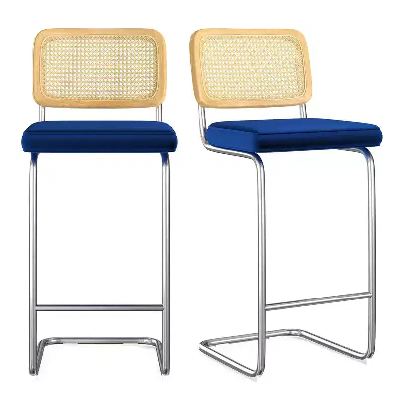 PexFix Lot de 2 tabourets de bar à hauteur de comptoir, tabourets de bar en velours rembourrés avec dossier en rotin, tabourets de 30 po de hauteur, chaises de bar sans accoudoirs pour îlot de cuisine, bleus