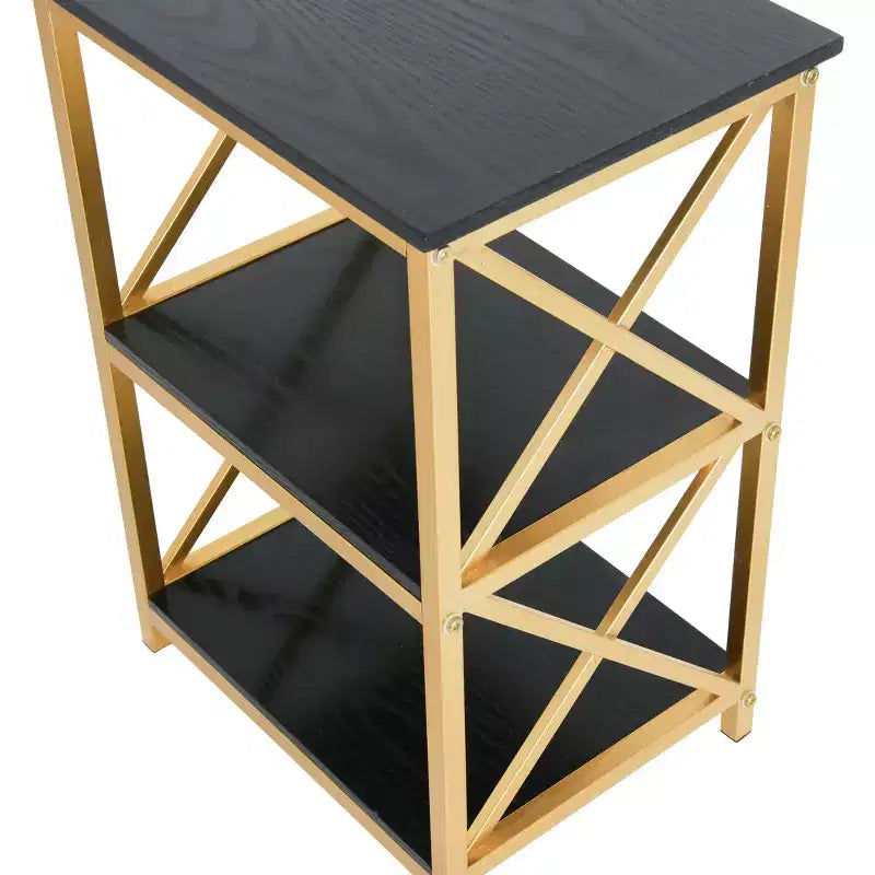 Table d'appoint à 3 niveaux en métal et bois recyclé, noir et or