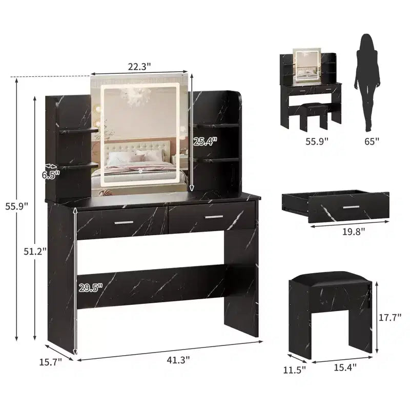 Coiffeuse GustoWave avec miroir et lumières, ensemble de coiffeuse de maquillage avec tabouret rembourré, prise de courant, 6 étagères de rangement, 2 tiroirs