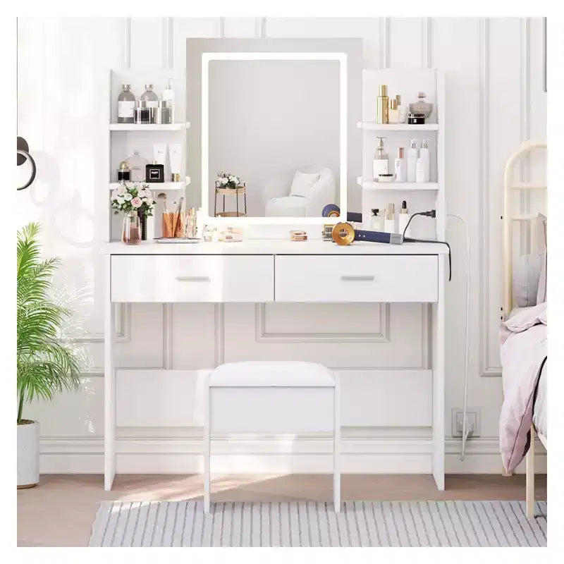 Coiffeuse GustoWave avec miroir et lumières, ensemble de coiffeuse de maquillage avec tabouret rembourré, prise de courant, 6 étagères de rangement, 2 tiroirs