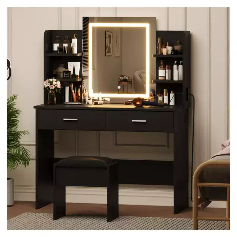 Coiffeuse GustoWave avec miroir et lumières, ensemble de coiffeuse de maquillage avec tabouret rembourré, prise de courant, 6 étagères de rangement, 2 tiroirs