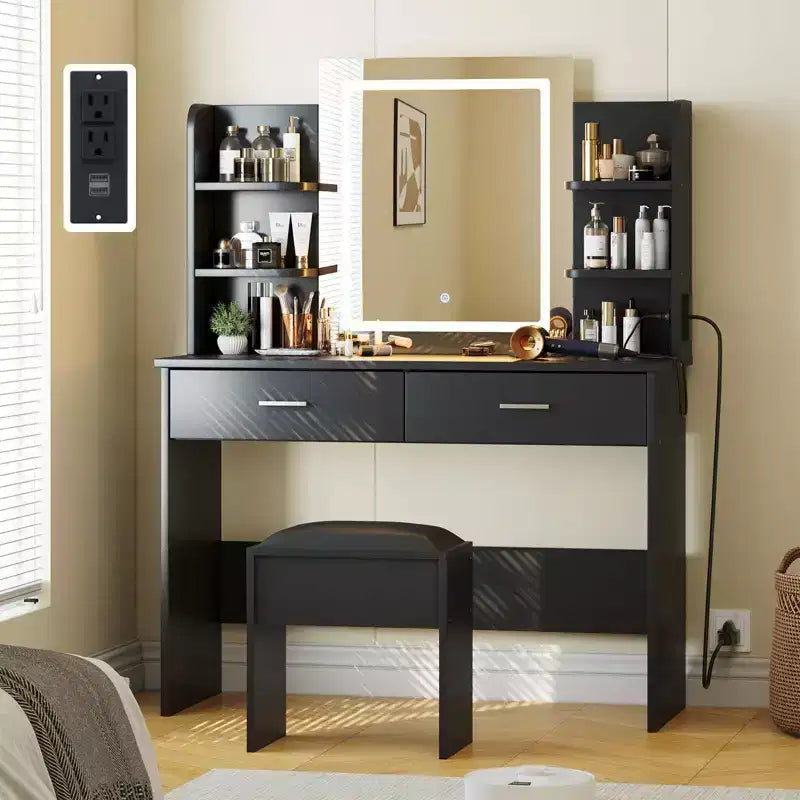 Coiffeuse GustoWave avec miroir et lumières, ensemble de coiffeuse de maquillage avec tabouret rembourré, prise de courant, 6 étagères de rangement, 2 tiroirs