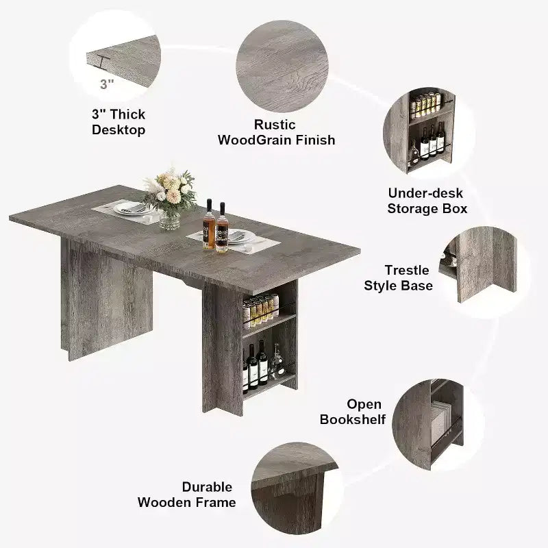 CuisinSmart Table de salle à manger de style rustique avec 4 étagères de rangement spacieuses, table de cuisine rectangulaire en bois rustique, pour 4 à 6 personnes