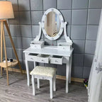 GustoWave Coiffeuse, Coiffeuse avec Miroir Lumineux et Ensemble Table avec 5 Tiroirs, Table de Maquillage en Bois avec Miroir Ovale et Tabouret pour Chambre à Coucher