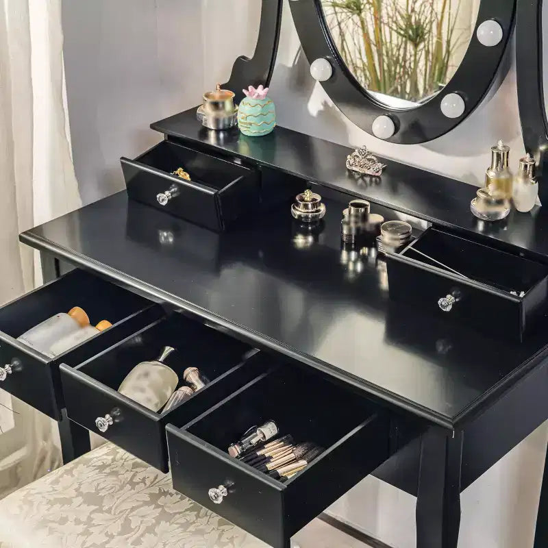 GustoWave Coiffeuse, Coiffeuse avec Miroir Lumineux et Ensemble Table avec 5 Tiroirs, Table de Maquillage en Bois avec Miroir Ovale et Tabouret pour Chambre à Coucher