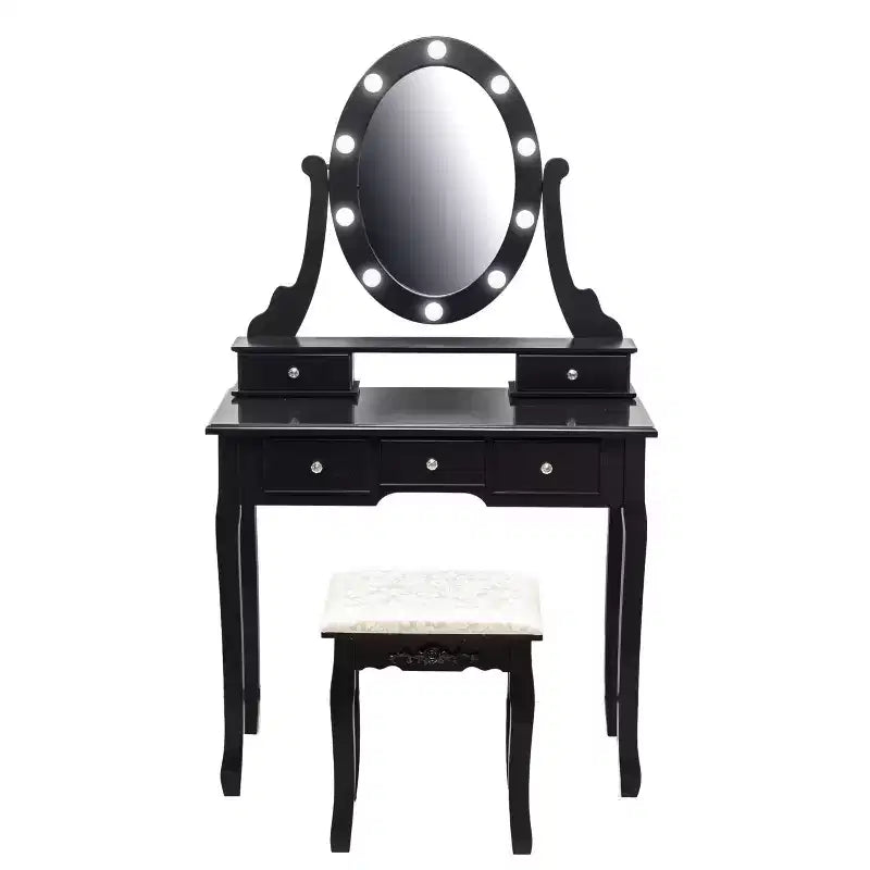 GustoWave Vanity Desk, Vanity Mirror with Lights and Table Set with 5 Drawers, Wood Makeup Dressing Table with Oval Mirror & Stool for Bedroom