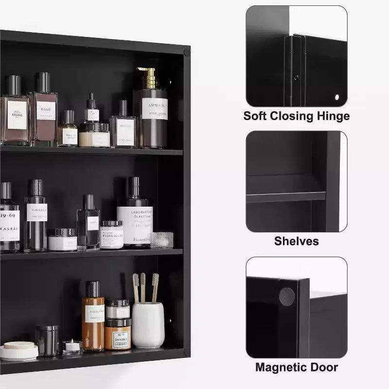 Armoire de toilette rectangulaire noire de 30 x 24 pouces avec miroir
