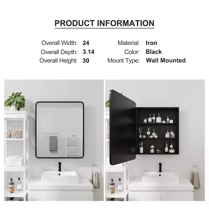Armoire de toilette rectangulaire noire de 30 x 24 pouces avec miroir