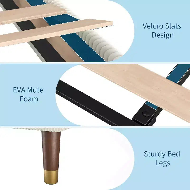 Cadre de lit plateforme Queen Size rembourré avec tête de lit en tissu moderne, cadre en métal robuste et lattes en bois, sans bruit, sommier tapissier non nécessaire, beige