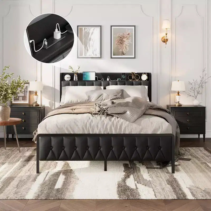 GustoWave All-Metal Platform Bed Frame, with Button Headboard and Charging Station