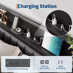 Cadre de Lit Plateforme Entièrement Métallique GustoWave, avec Tête de Lit Capitonnée et Station de Recharge