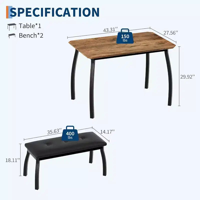 Ensemble table à manger CuisinSmart pour 4, table de cuisine avec 2 bancs rembourrés, ensemble de salle à manger 3 pièces pour petit espace