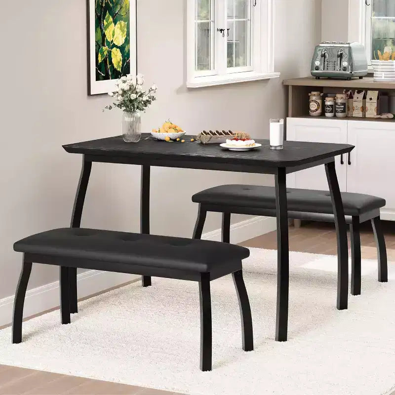 Ensemble table à manger CuisinSmart pour 4, table de cuisine avec 2 bancs rembourrés, ensemble de salle à manger 3 pièces pour petit espace