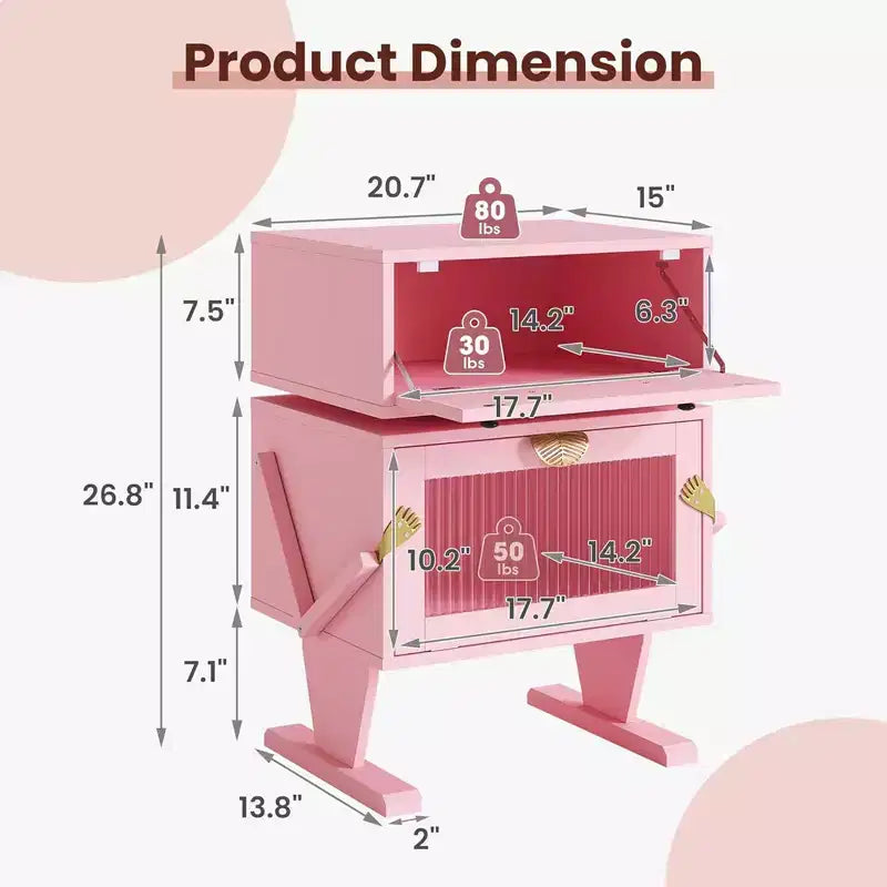Table de chevet RoyalCraft avec bandes lumineuses LED, tiroir rotatif et porte en verre, rose
