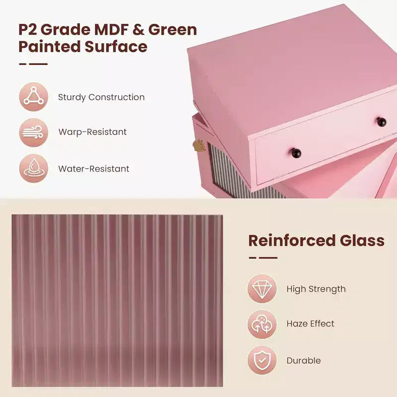Table de chevet RoyalCraft avec bandes lumineuses LED, tiroir rotatif et porte en verre, rose