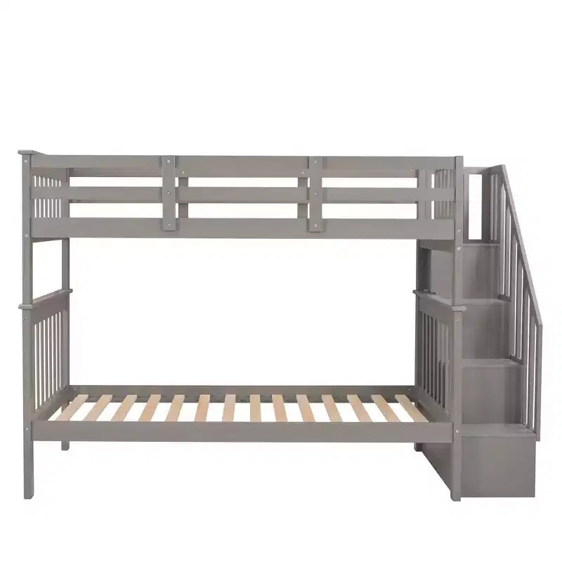 Lit superposé jumeau sur jumeau avec escalier, rangement et barrière de sécurité pour chambre à coucher, dortoir, couleur blanche