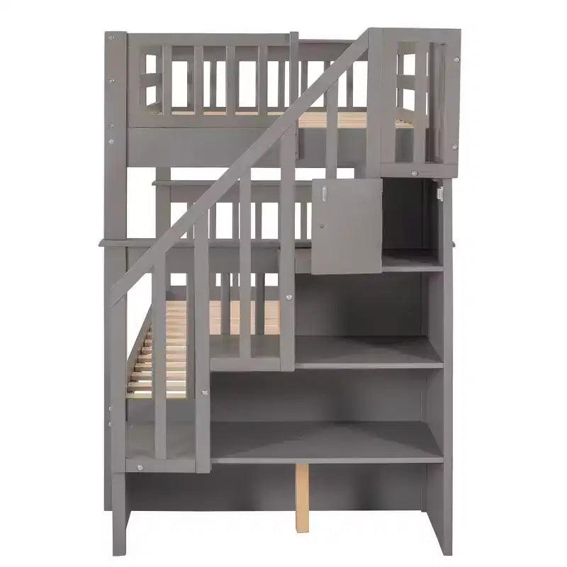 Lit superposé jumeau sur jumeau avec escalier, rangement et barrière de sécurité pour chambre à coucher, dortoir, couleur blanche