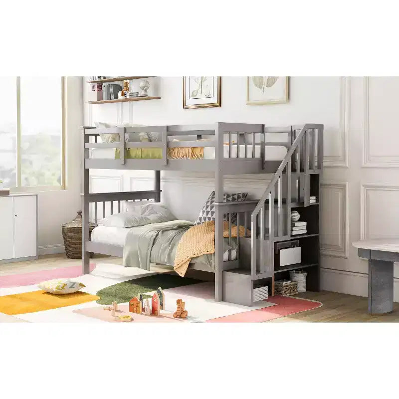 Lit superposé jumeau sur jumeau avec escalier, rangement et barrière de sécurité pour chambre à coucher, dortoir, couleur blanche