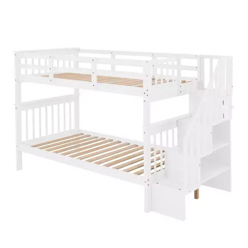 Lit superposé jumeau sur jumeau avec escalier, rangement et barrière de sécurité pour chambre à coucher, dortoir, couleur blanche