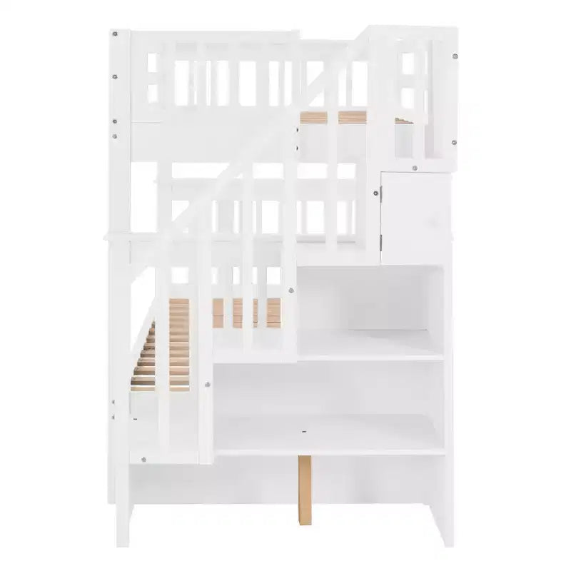 Lit superposé jumeau sur jumeau avec escalier, rangement et barrière de sécurité pour chambre à coucher, dortoir, couleur blanche