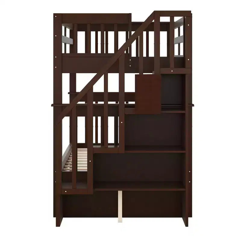 Lit superposé jumeau sur jumeau avec escalier, rangement et barrière de sécurité pour chambre à coucher, dortoir, couleur blanche