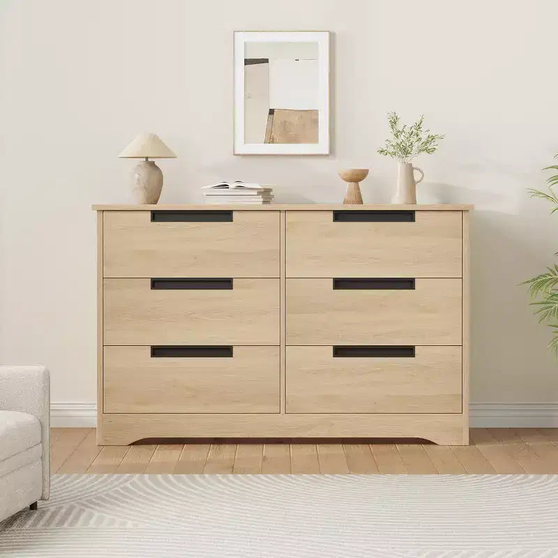 Commode TROPOW 6 tiroirs pour chambre à coucher, organiseur double moderne avec poignées encastrées, commode en bois pour salon