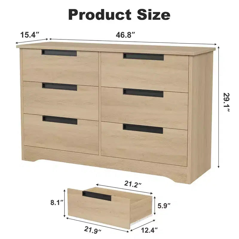 Commode TROPOW 6 tiroirs pour chambre à coucher, organiseur double moderne avec poignées encastrées, commode en bois pour salon