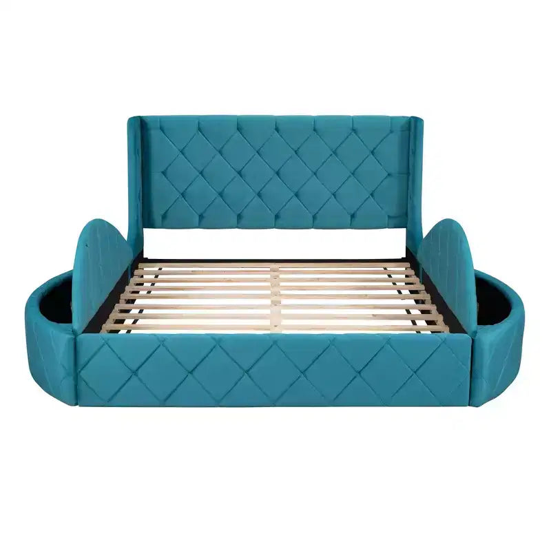 Lit plateforme rembourré grand format avec rangement, velours, tête de lit à oreilles et 1 grand tiroir, 2 tabourets de rangement latéraux (bleu)