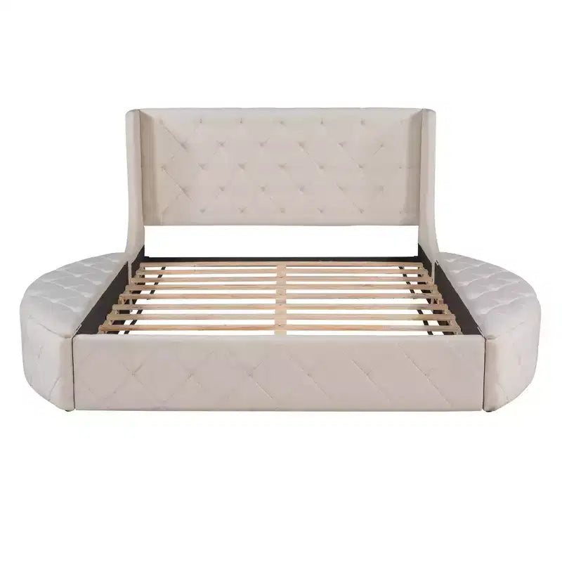Lit plateforme rembourré grand format avec rangement, velours, tête de lit à oreilles et 1 grand tiroir, 2 tabourets de rangement latéraux (bleu)