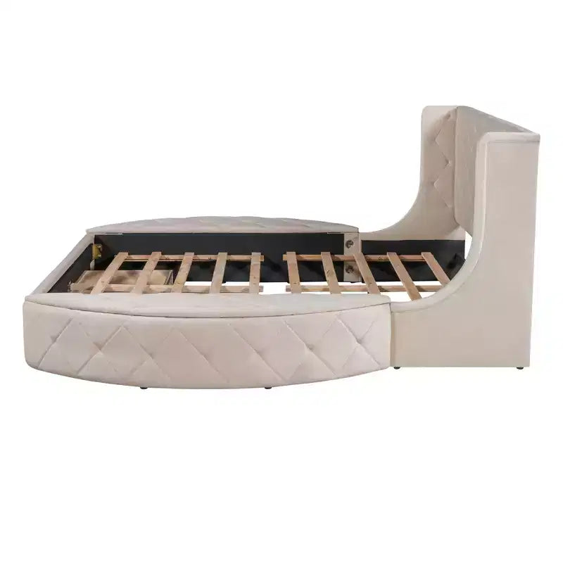 Lit plateforme rembourré grand format avec rangement, velours, tête de lit à oreilles et 1 grand tiroir, 2 tabourets de rangement latéraux (bleu)
