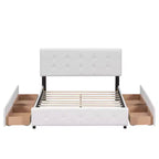 Lit plateforme capitonné avec tête de lit classique et 4 tiroirs - Aucun sommier requis - Tissu en lin - Grand lit (Queen) - Beige