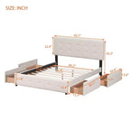 Lit plateforme capitonné avec tête de lit classique et 4 tiroirs - Aucun sommier requis - Tissu en lin - Grand lit (Queen) - Beige