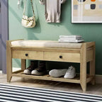 Acekool 35.4 Farmhouse Storage Bench with Cushion, 2-Tier Entryway Bench with Shelf & 2 Drawers for Bedroom, Hallway, Living Room, Gray Wash