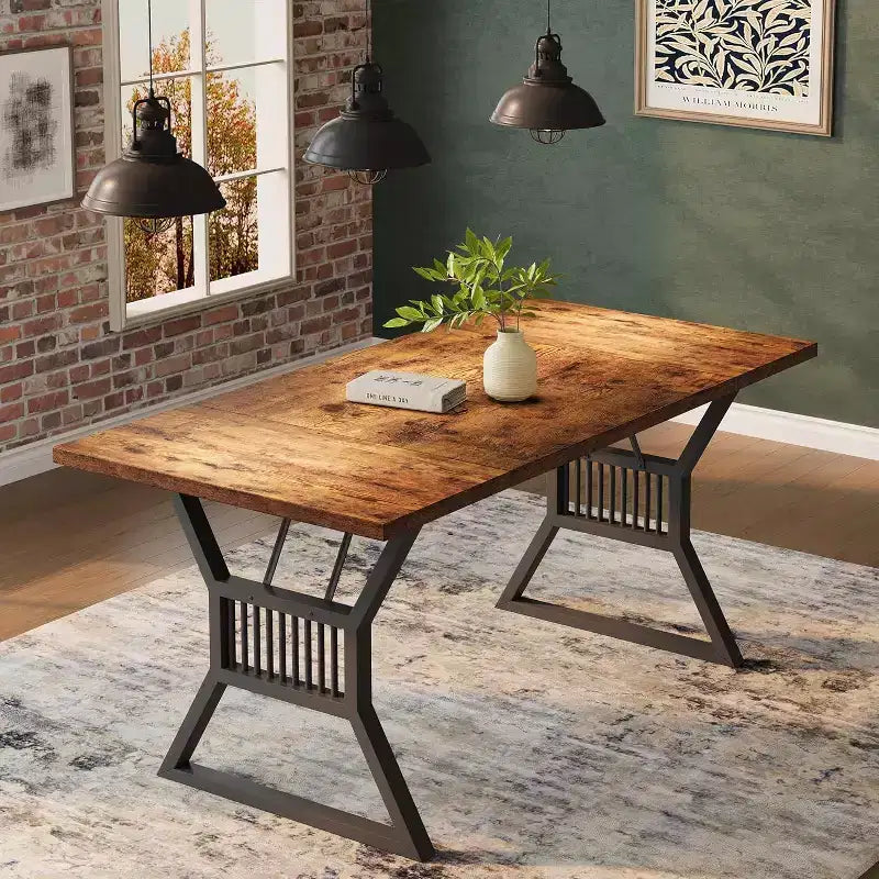 Grande Table à Manger pour 6-8 Personnes, Table de Cuisine Industrielle en Bois avec Pieds Métalliques Robustes, Longue Table à Dîner Rectangulaire pour Cuisine, Salle à Manger