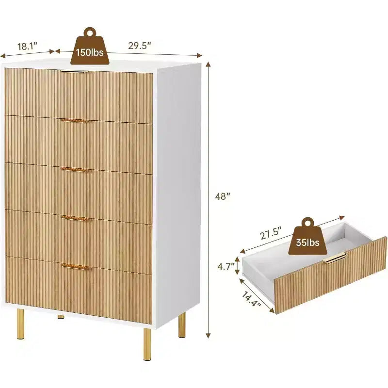 Commode moderne à 5 tiroirs avec poignées dorées - Grand meuble de rangement pour chambre, salon et entrée