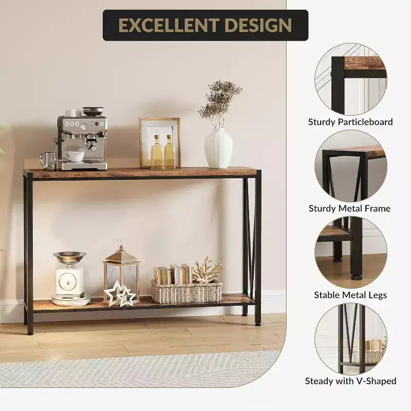 Table Console Industrielle Acekool avec Conception en V, Table d'Entrée/Canapé à 2 Niveaux pour Salon et Couloir, Rangement Peu Encombrant