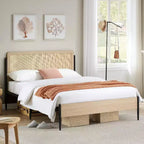 Cadre de lit en rotin intégral Acekool, tête de lit en rotin naturel, plateforme bohème, rangement sous le lit, sommier tapissier non requis, chêne blanc