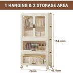 Armoire de Rangement 3 Étages pour Enfants avec Portes et Roues - Organiseur Portable de Vêtements pour Bébé avec Tringle et 10 Cintres