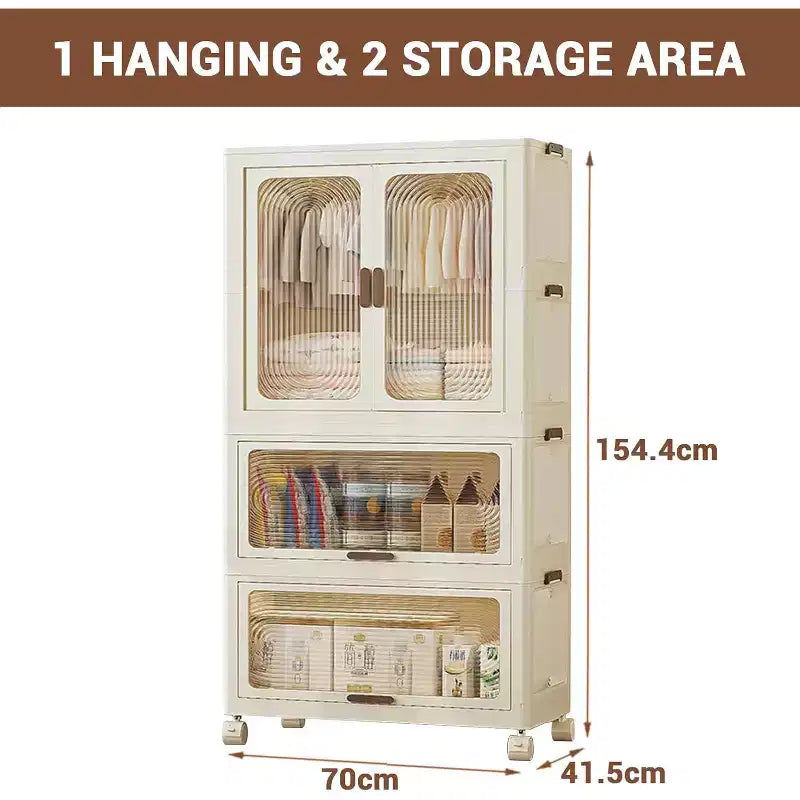 Armoire de Rangement 3 Étages pour Enfants avec Portes et Roues - Organiseur Portable de Vêtements pour Bébé avec Tringle et 10 Cintres