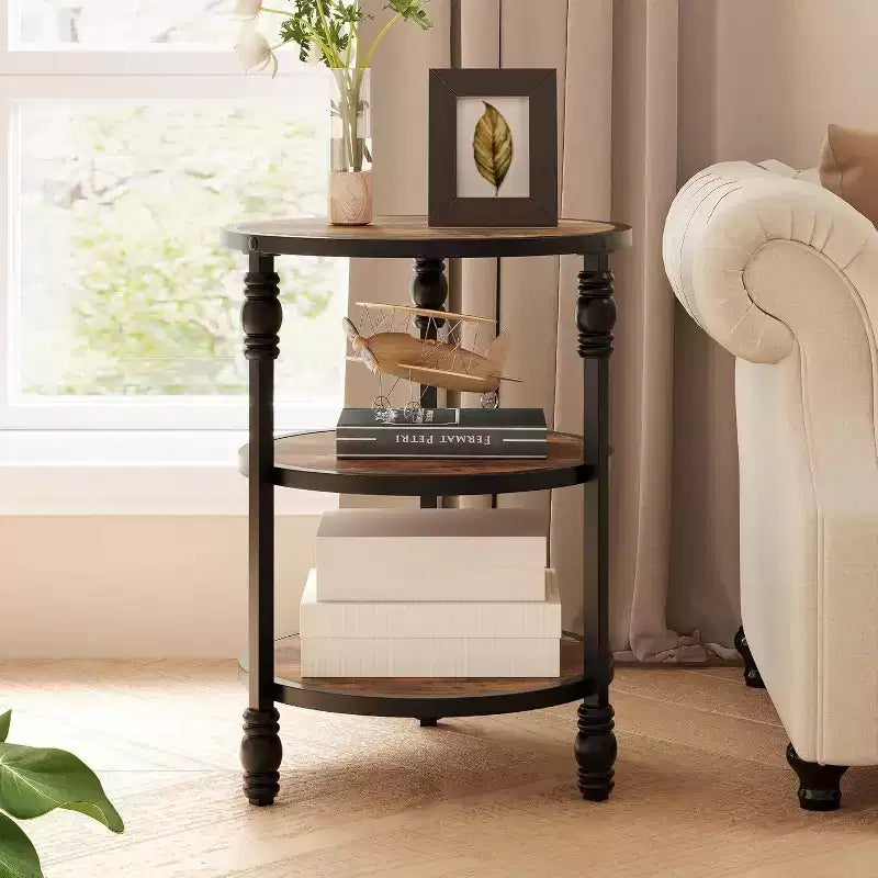 Table d'appoint ronde Acekool à 3 niveaux, table de bout de ferme avec pieds en métal pour chambre et salon - Marron rustique