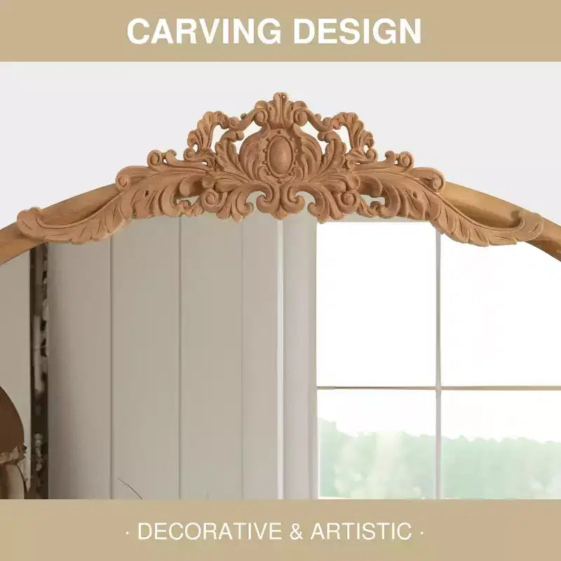 PexFix Miroir mural marron avec cadre en bois sculpté classique en arche, base en rotin, 94 cm L x 180 cm H