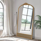 PexFix Miroir mural marron avec cadre en bois sculpté classique en arche, base en rotin, 94 cm L x 180 cm H