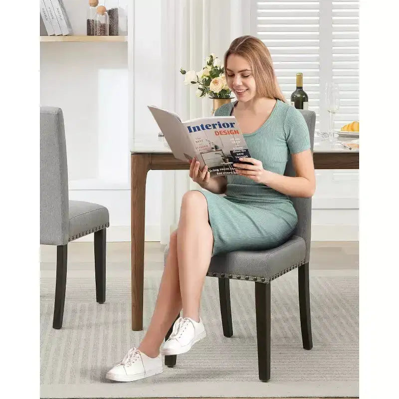 Acekool Chaises de salle à manger rembourrées lot de 2, pieds en bois, tissu lin, pour salle à manger et cuisine