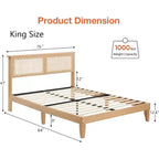 Cadre de lit en rotin Acekool avec tête de lit naturelle, lumières LED, lattes en bois massif, espace de rangement, pas besoin de sommier tapissier