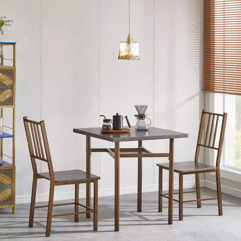 2-Piece Dining Set, Square 47.3 Wood Table with Metal Legs & Matching Chairs, Antique Brown Kitchen Table for Small Spaces