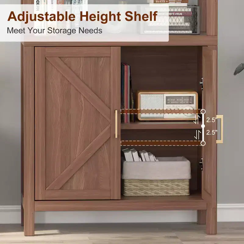 Étagère de 180 cm de haut, Bibliothèque en bois de style ferme à 5 niveaux, Armoire à portes croisées, Bibliothèque autoportante avec étagère réglable, Chêne
