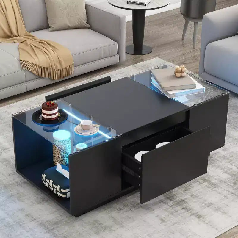 Table basse LED moderne Okak, éclairage 16 couleurs et espace de rangement, finition brillante, table d'appoint rectangulaire pour salon