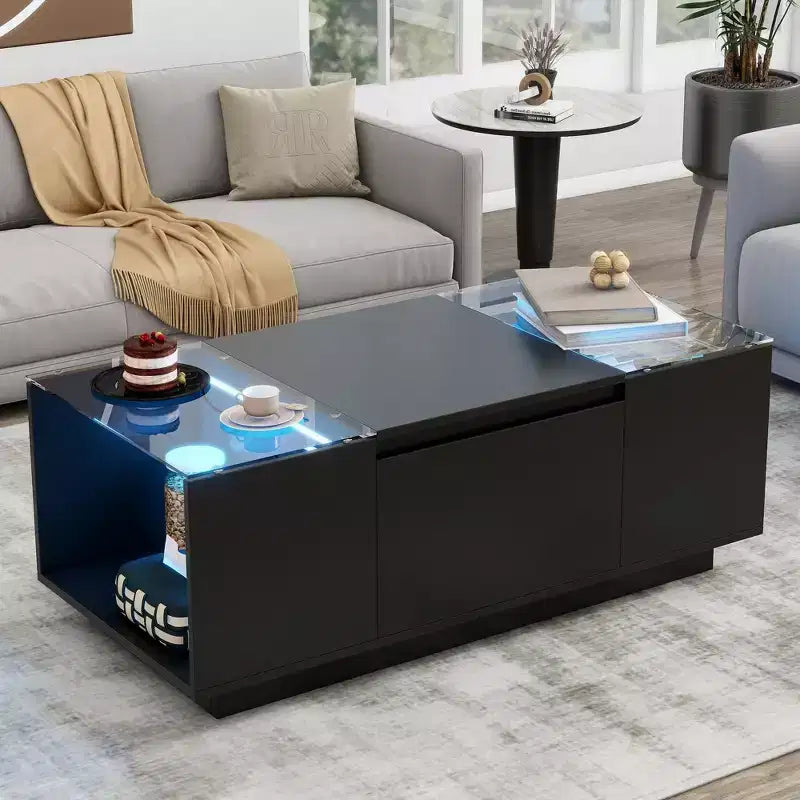 Table basse LED moderne Okak, éclairage 16 couleurs et espace de rangement, finition brillante, table d'appoint rectangulaire pour salon