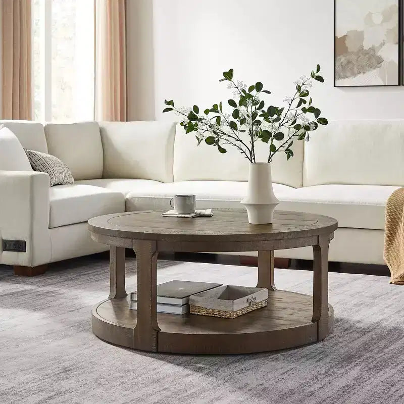 Table basse ronde Okak 36L pour salon, plateau en placage bois, table d'appoint pour canapé avec pied cylindrique pour petit espace bureau à domicile