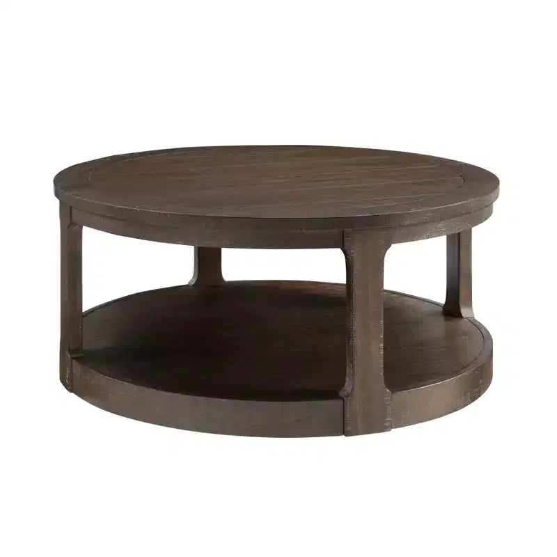 Table basse ronde Okak 36L pour salon, plateau en placage bois, table d'appoint pour canapé avec pied cylindrique pour petit espace bureau à domicile
